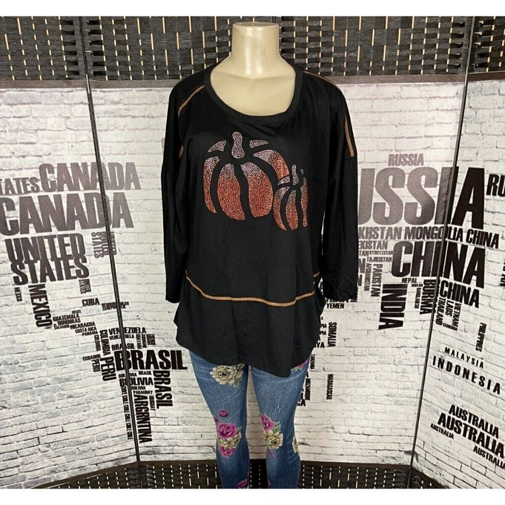 One World L Black Studded Pumpkin Graphic Stitch Detail Relaxed 3/4 Sleeve Top